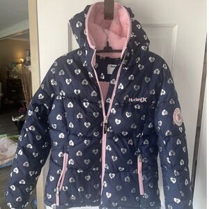 Hurley Girls Puffer Jacket Navy Pink Heart Print Hooded Winter Coat Size L